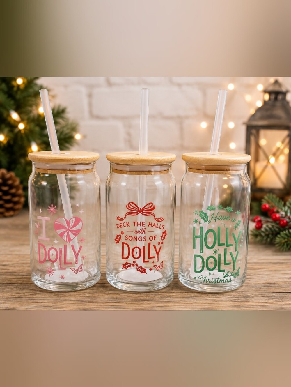 Dolly Parton Holiday 3 Glass Jar Tumblers with Bamboo Lid and Straw NWT